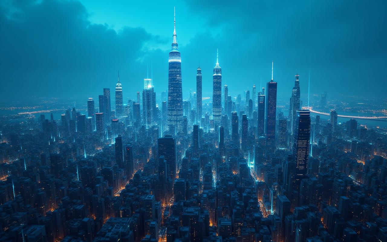 Modern smart city skyline with digital data overlays