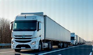 Fleet of trucks with digital data tracking icons