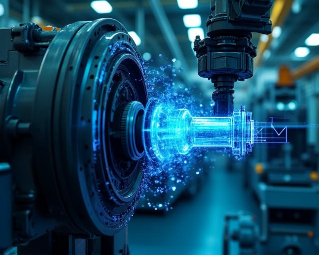 Close-up of industrial machinery with digital IoT overlays