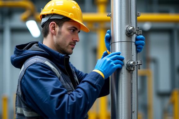 Technicians installing industrial IoT sensors in a complex utility environment